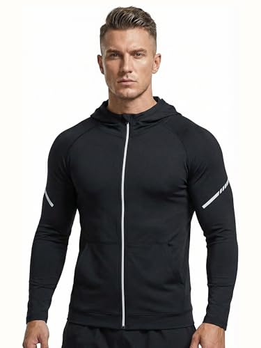 Men's Lightweight Full-Zip Athletic Hoodie, Quick-Dry Stretch Sports Jacket for Running Gym Hiking and Training