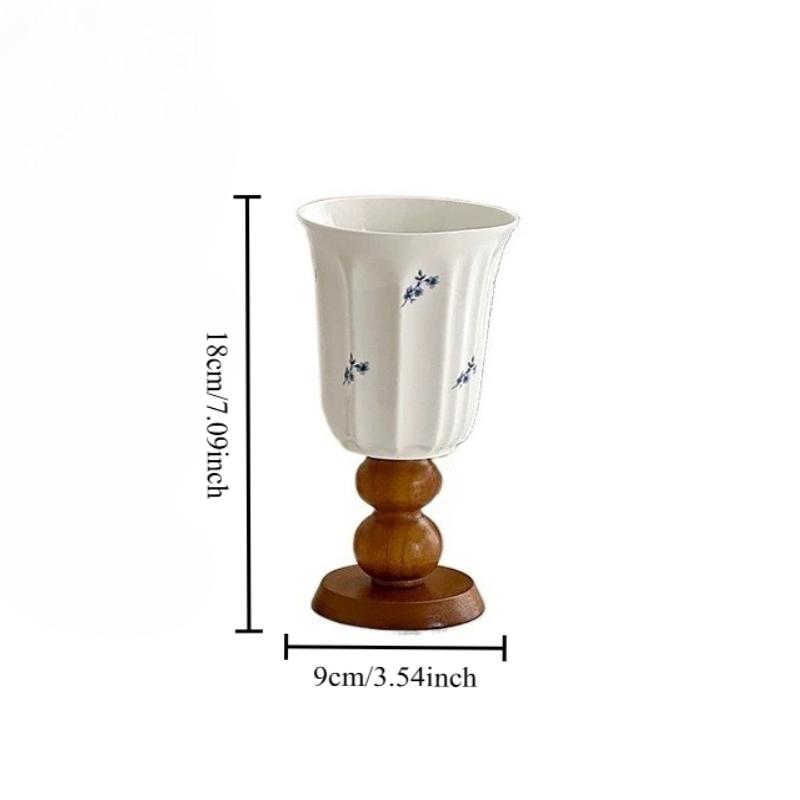 

Irregular Ceramic Cup with Broken Flowers High Footed Coffee Cup Breakfast Cup Wooden Footed Vase