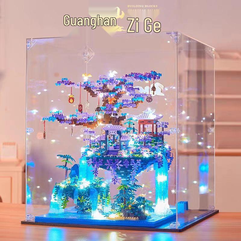 Fairy Pavilion Cherry Blossom Treehouse with Peach Blossom Pond - Creative Ancient Style Building Block Ornament, Handmade Assembly Scene.