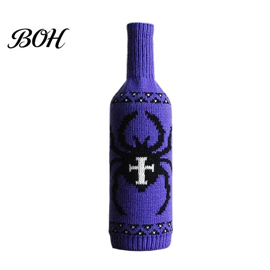 Spooky Party Table Decorations Halloween Wine Bottle Sweater, Reusable Knitted Champagne Cover, Pumpkin Skull Skeleton Pattern Decor Spider