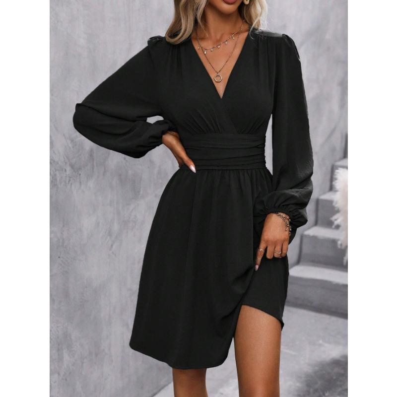 Women's Fashion Spring Fall Solid Color Print Long Sleeve V-Neck High Waist Casual Dresses