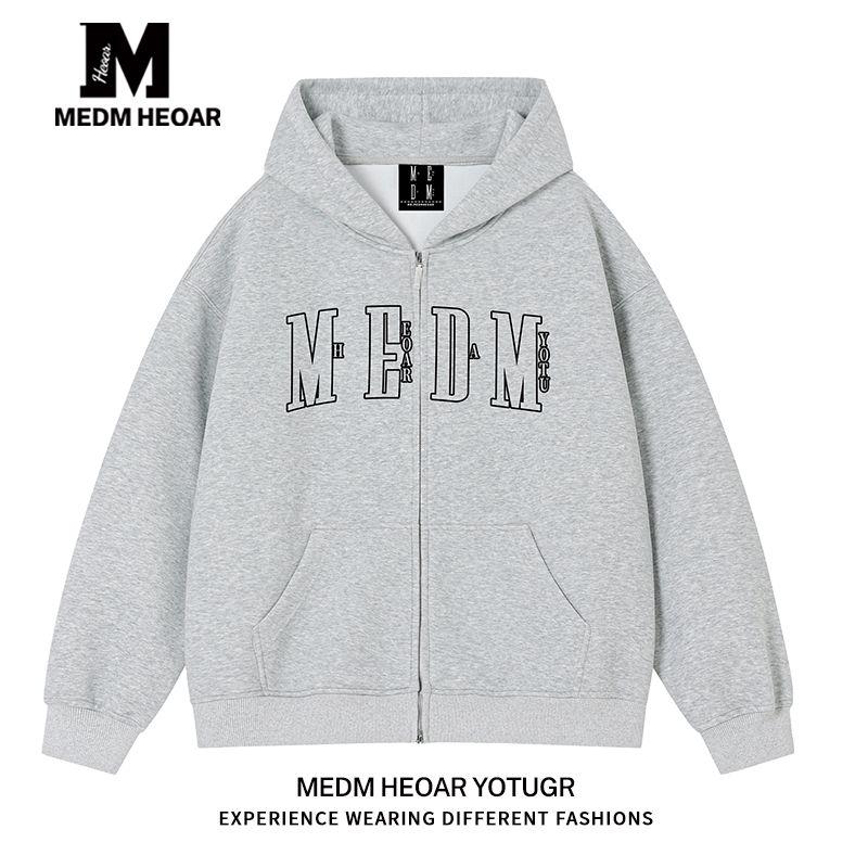 

[Three Labels Complete] Medm Heoar Zip-up Hoodie American Fashion Brand Hoodie Autumn Couple Leisure Outerwear Light Gray [Regular Style] 2XL