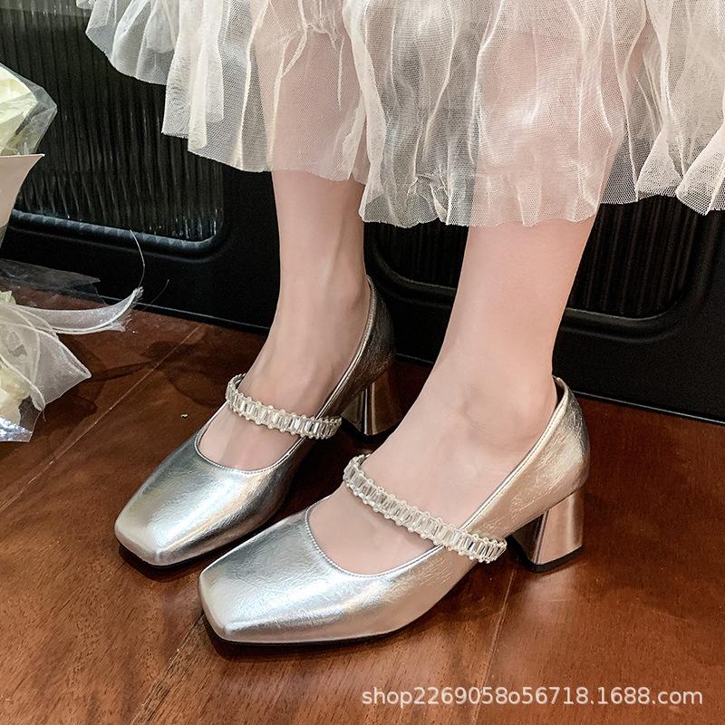 2025 Autumn New Fairy Style with Skirt Temperament Square Head Low Heel Single Shoes French Rhinestone Thick Heel Mary Jane Shoes Women