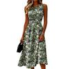 Sleeveless Casual Dress for Women Round Neck Midi Length Relaxed Fit Lightweight Fabric Leaf Pattern Summer Dress