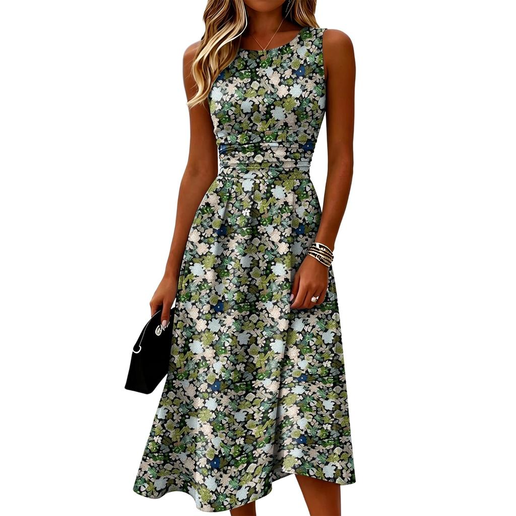 Sleeveless Casual Dress for Women Round Neck Midi Length Relaxed Fit Lightweight Fabric Leaf Pattern Summer Dress