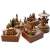 Cottage Garden Castle Car Woodgrain Wind-Up Musical Figurine Wooden Creative Music Box Carousel Wooden Train Birthday Gifts