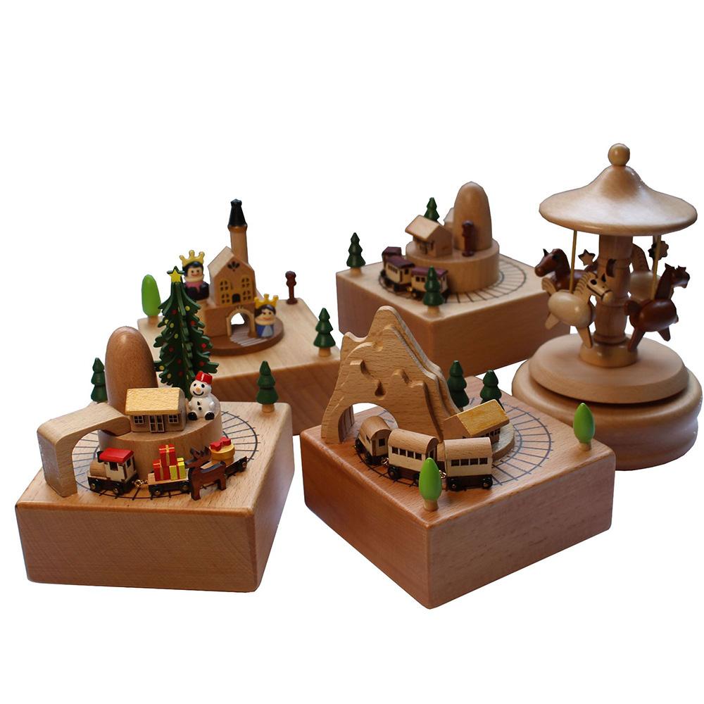 Cottage Garden Castle Car Woodgrain Wind-Up Musical Figurine Wooden Creative Music Box Carousel Wooden Train Birthday Gifts