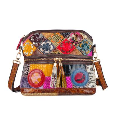 Women's Leather Shoulder Bag with Snake Print Random Flower Color Mosaic Fringe Small Bag Fashion