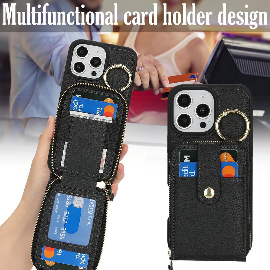 For iPhone 16 Pro Case with Zipper Pouch/Ring Kickstand/Strap Litchi Texture PU + TPU Phone Cover