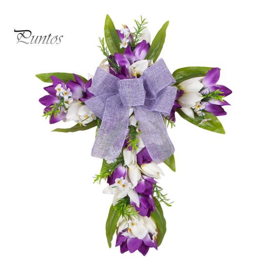 

Пасхальный венок, искусственный венок из тюльпанов с бантом, весенняя цветочная гирлянда из марли, приветственный знак на входной двери для украшения праздничной вечеринки фиолетовый