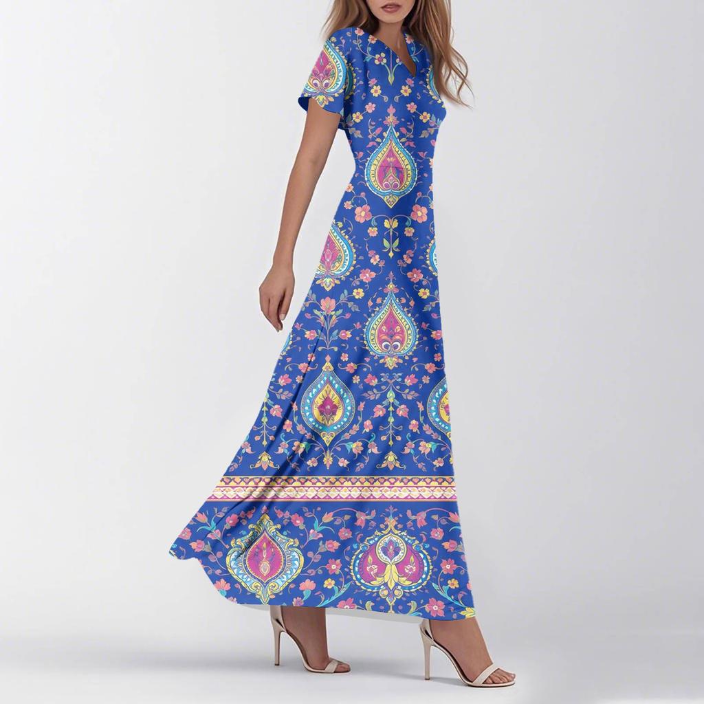 Vestidos casuales de verano para mujer, con estampados de colores y cuello en V y manga corta