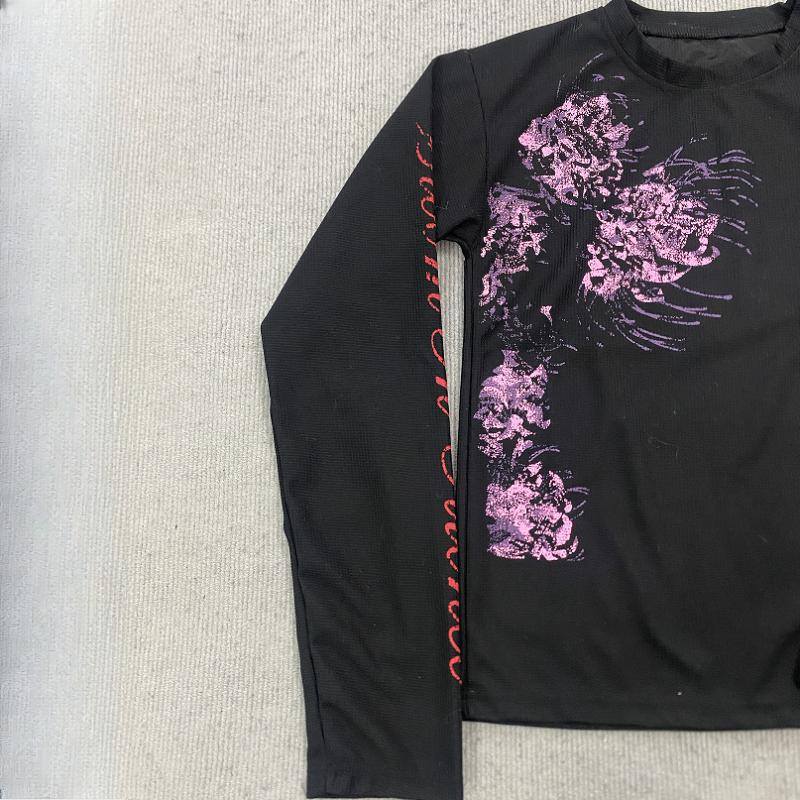 European American Dark And Style Spring Floral Print Long Sleeved Mens And Womens Loose Round Neck Top