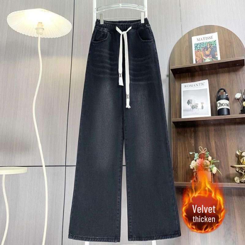 High-Waisted Drawstring Velvet Slimming Wide-Leg Jeans for Plus-Size Pear-Shaped Women S