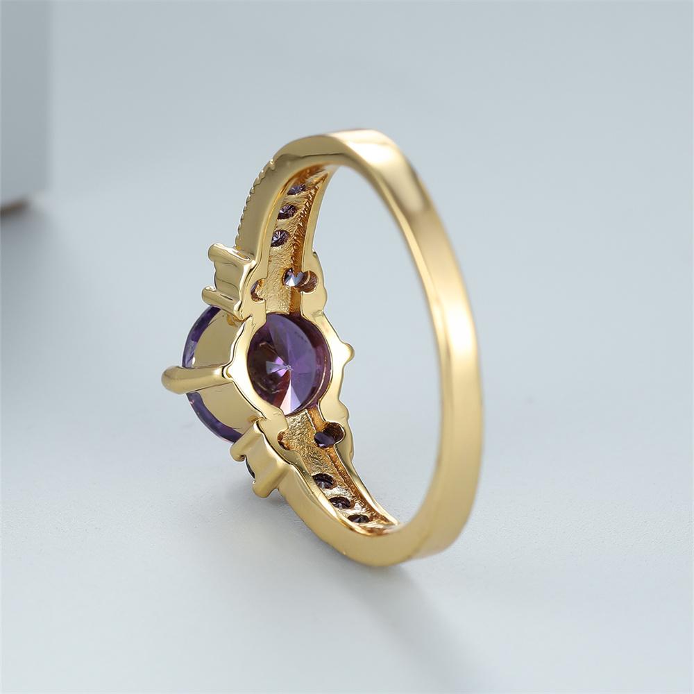 Purple Crystal Round Stone Engagement Rings For Women Vintage Gold Color Wedding Band Charm Birthstone Jewelry Fashion Accessory
