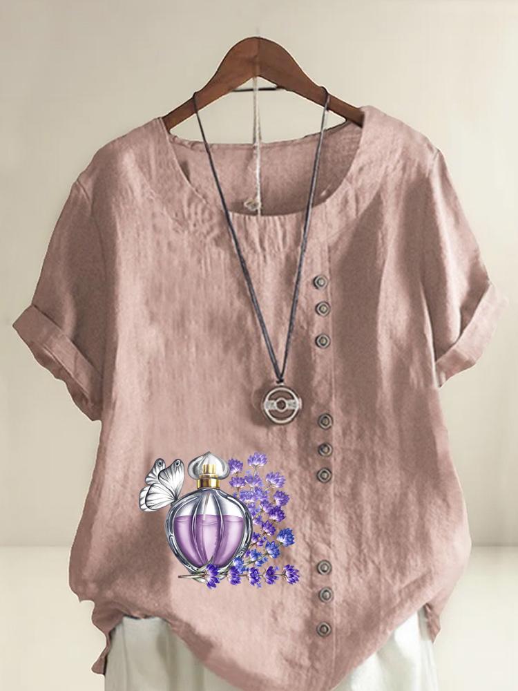 

Women s Fashion Perfume Purple Flowers Print Casual Cotton Linen Short Sleeve Round Neck T-shirt Shirt Leisure Loose Summer Blouse Tops S розовый