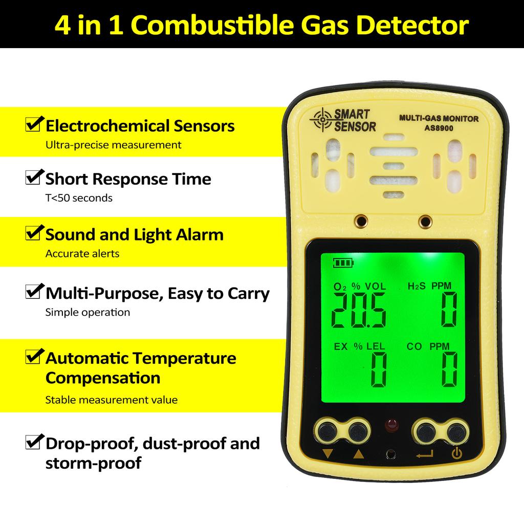 SMART SENSOR AS8900 4 in 1 Combustible Gas Detector Analyzer Handheld Multi Gas Monitor Gas Detector O₂ CO H₂S Analyzer