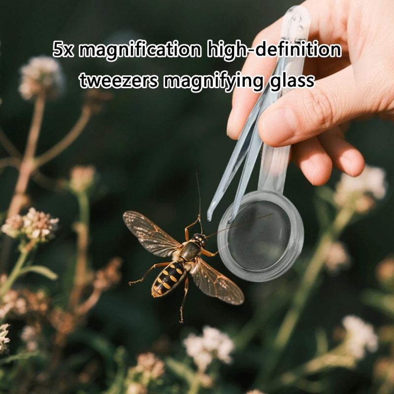 2pcs Multifunctional Handheld Magnifying Glass Tweezers Magnifier Glass for Small Object Inspection Plastic Magnifier