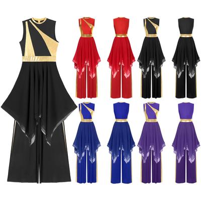 Women Modern Lyrical Dance Costumes Sleeveless Irregular Color Block Dress with Metallic Wide-Leg Pants Prom Party Competitions
