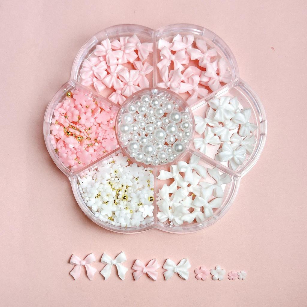 Pearl & Flower Nail Art Kit: 7-Grid Five-Petal Flowers & Mixed Sizes for DIY