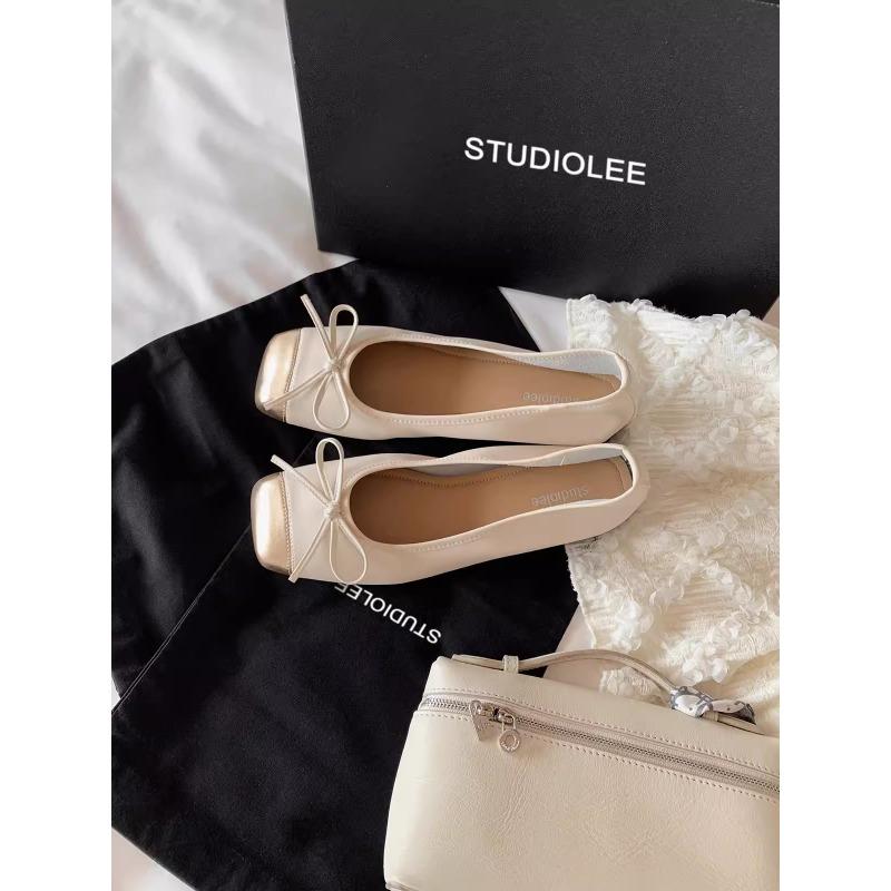 Sheepskin version~ Splicing square head with one pedal bow single shoes women's flat leather ballet shoes