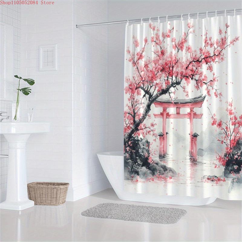 1Pc Japanese Cherry Shower Curtain Torii Gate - With Hooks Waterproof Mildew Proof Easy Install Washable
