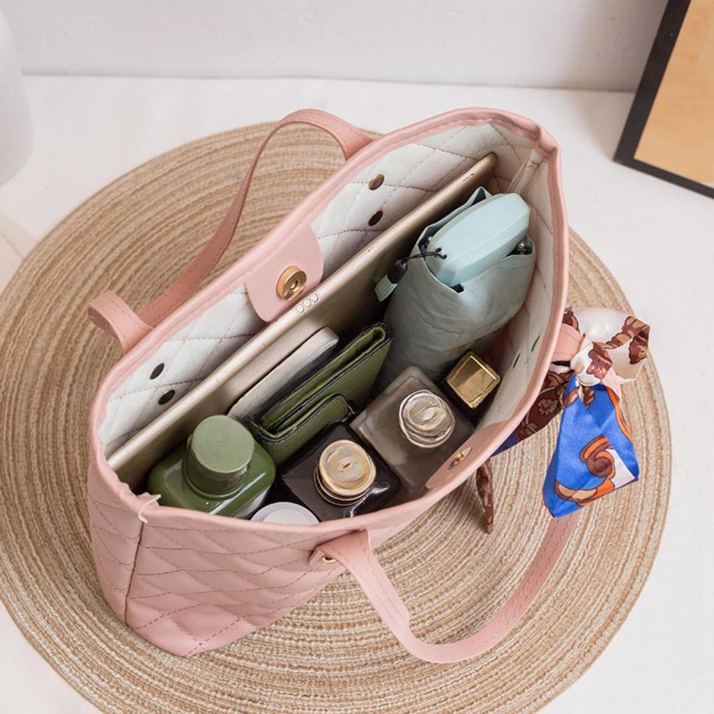 Fashionable Large Capacity Quilted Handbag with Scarf Embellishment - Soft Imitation Leather, Magnetic Buckle Closure, Suitable for Work and Leisure