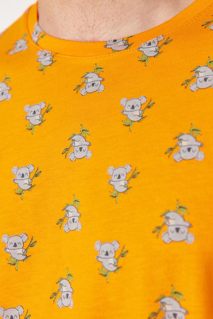 Modisches neues Pyjama-Set für Herren, orange, reguläre Passform, Strick-Pyjama-Set mit Koala-Aufdruck und Shorts