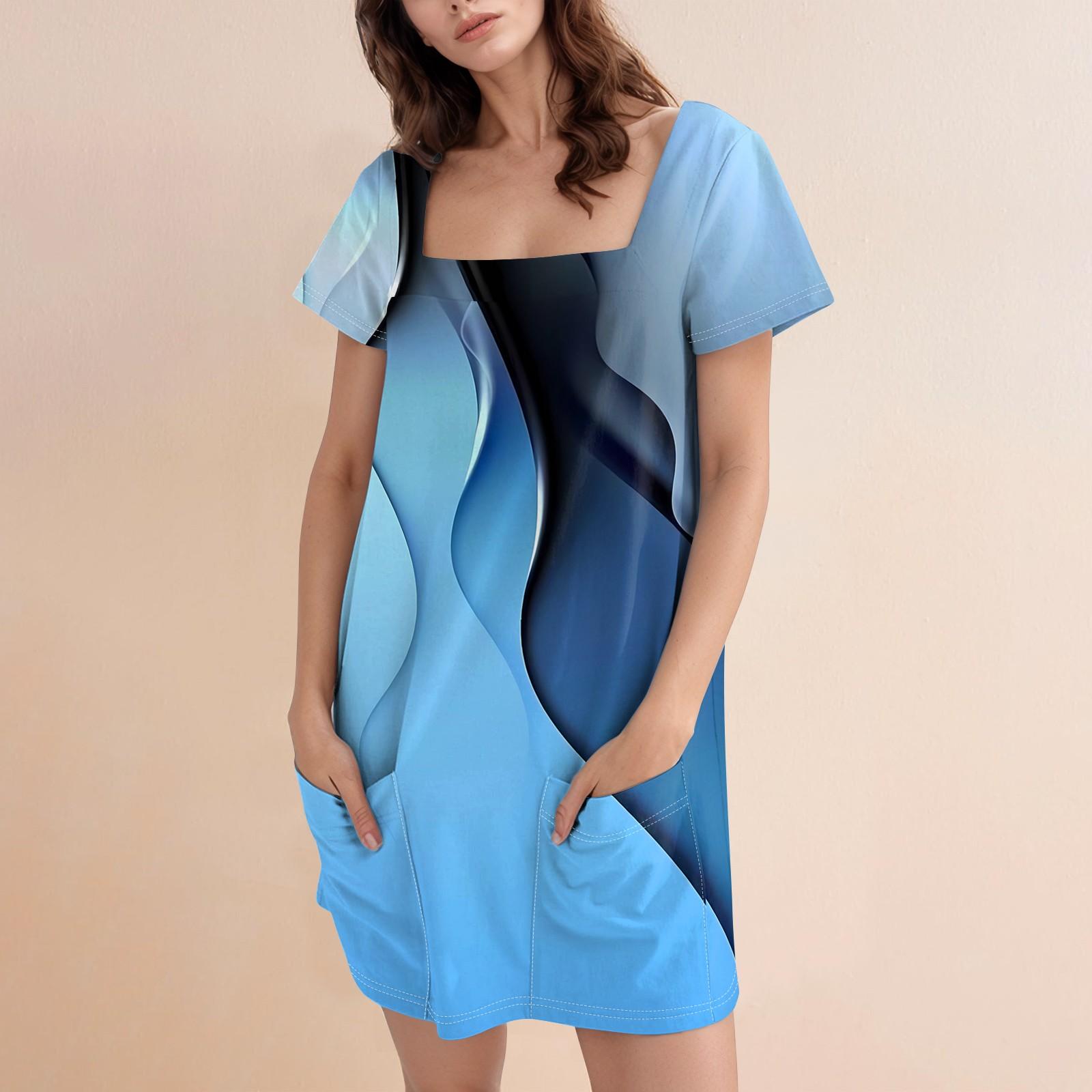 

Women s Fashion Casual Print Square Neck Short Sleeve Short Dress XXL синій