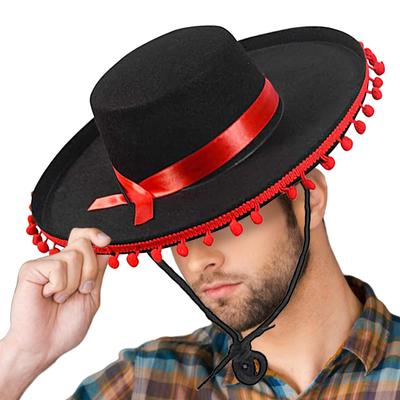 1pcs Spanish-style Hat Soft Sombrero Caps Traditional Halloween Fuzz Ball Mexican Sombrero Hats Wide Brim Design Carnival Costum