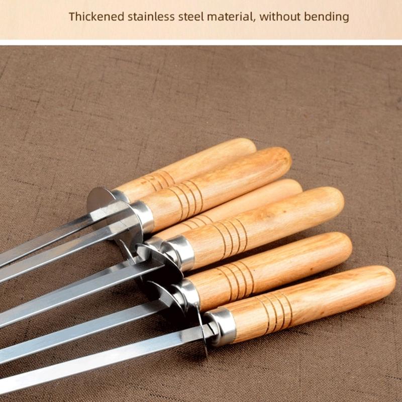 6Pieces Stainless Steel Barbecue Skewers Non Slip Wood Handles BBQ Stick for Camping Flat Metal Kebab Skewers Kitchen