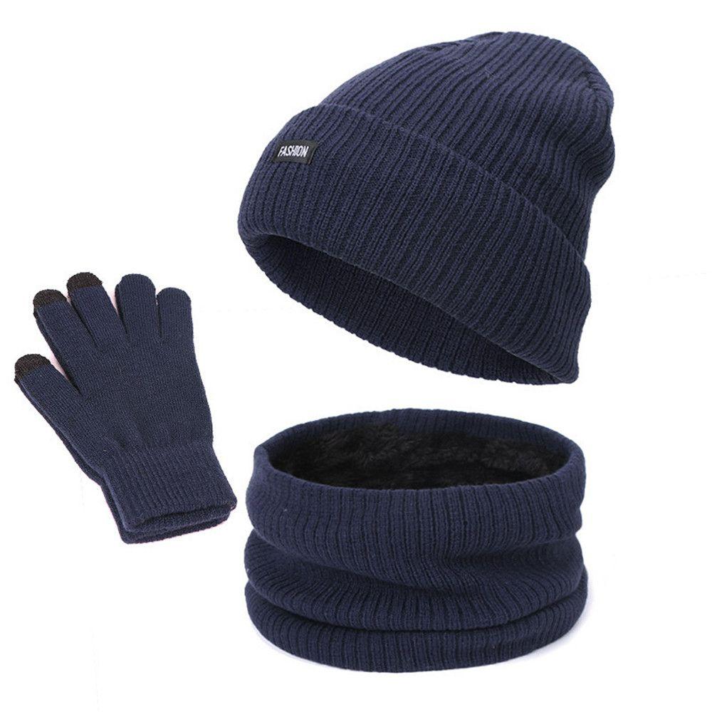 

Fashion Touch Screen Gloves Neck Warmer Beanie Cap Fleece Scarf Winter Warm Hat Scarf Gloves Set темно-синього кольору