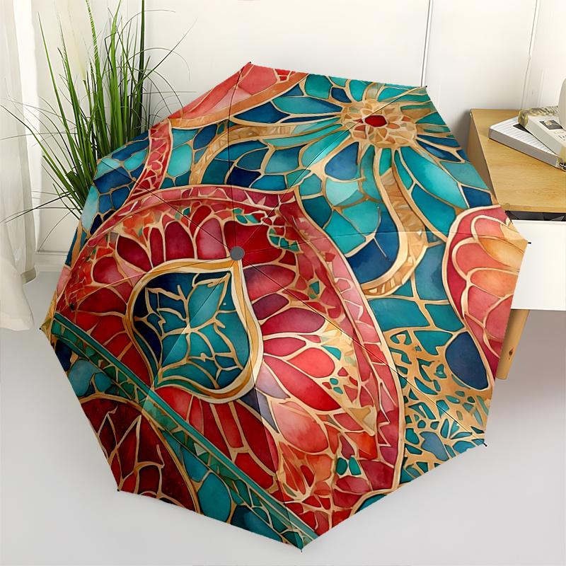 

1pc Colorful Floral Mosaic Fully Automatic Folding Portable Umbrella, 8 Iron Frames, Three-Fold Design, Suitable for All Seasons, Suitable for Outdoor