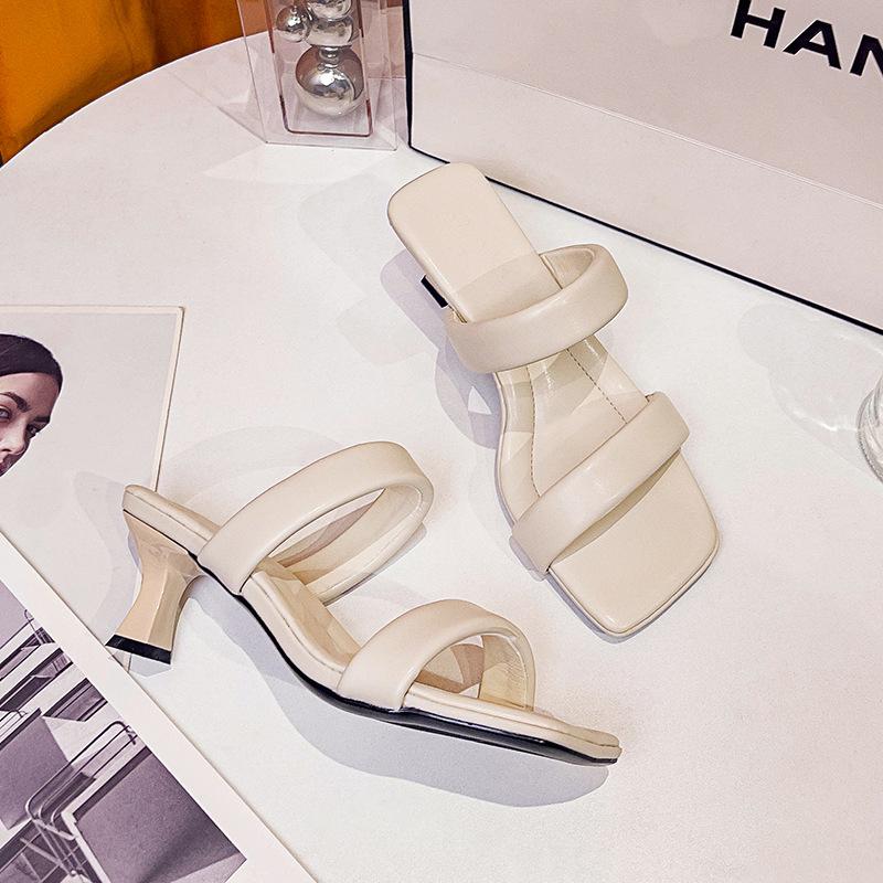 High-heeled slippers summer women's fashion 2025 new thin heel square head temperament word with Internet celebrity cool slippers