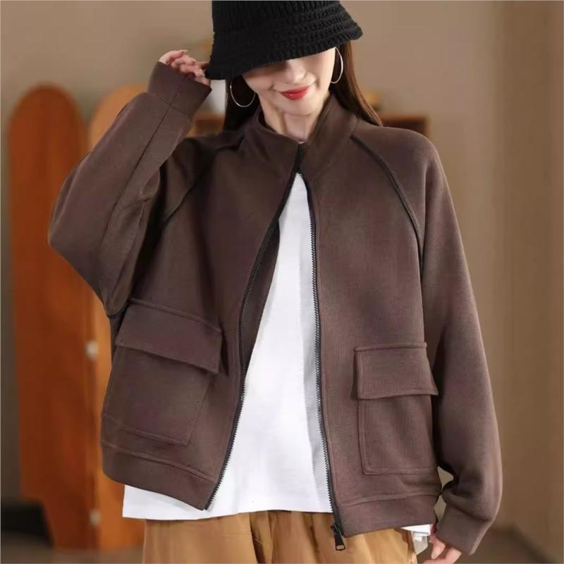 Johnature Fashion Zipper Long Sleeves Casual Loose Personality Coat Woman Autumn Niche Turn Down Collar Vintage Coat