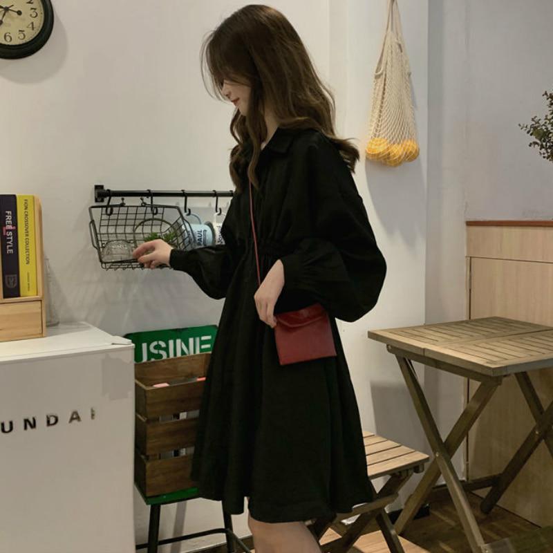 Frau Kleid Lange Hülse Drehen-unten Kragen Solide Süße Elastische Taille Einfache Elegante Gefaltete Streetwear