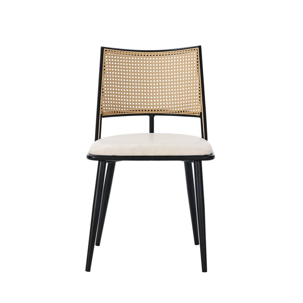 2 Dining Chairs, PU Seat, Rattan Backrest, Living Room, Bedroom Chair, Black