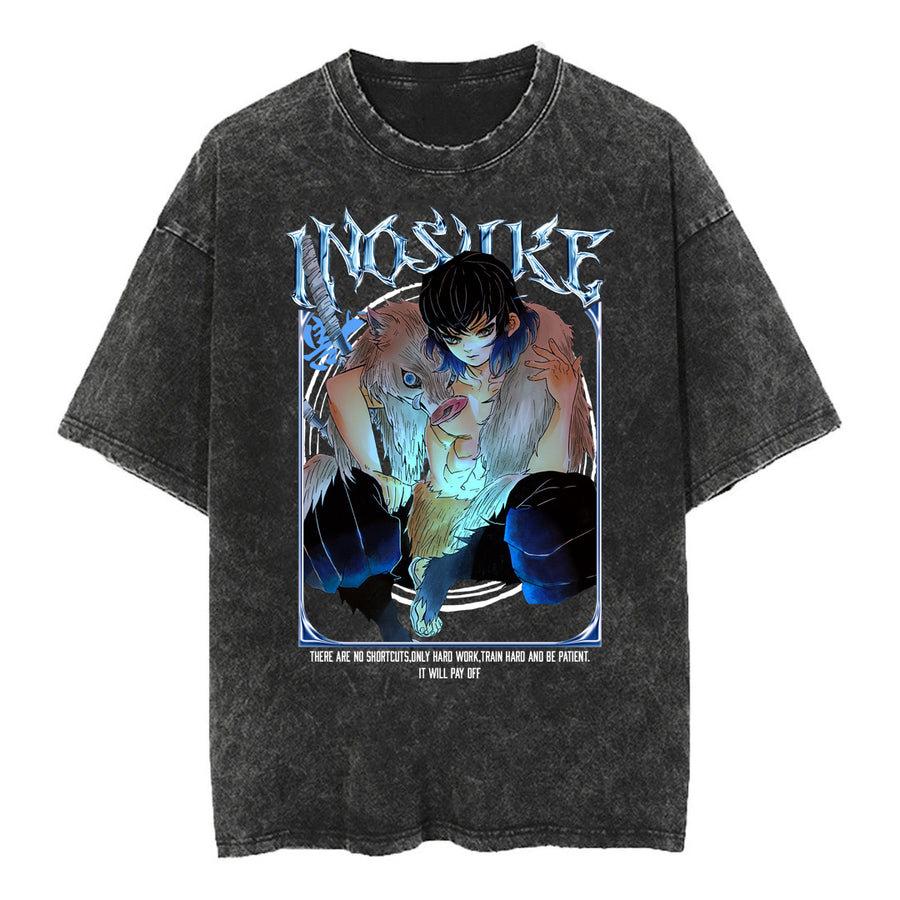 

Men s Anime Print T-shirt Retro Washed Loose Fit Tanjiro Print on The Stove Door Casual Street Style Pullover S