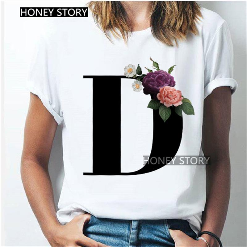 Kawaii English Alphabet Flowers Graphics Female T-Shirt 90S Summer Loose Short Sleeve Round Neck Female Tops Clothing