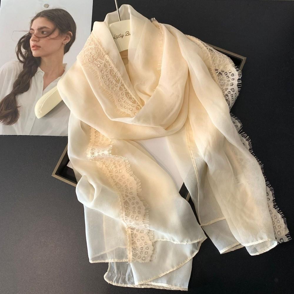 Lace Trimmed Lace Splicing Scarf Thin Beach Shawl Wraps Elegant Chiffon Scarf