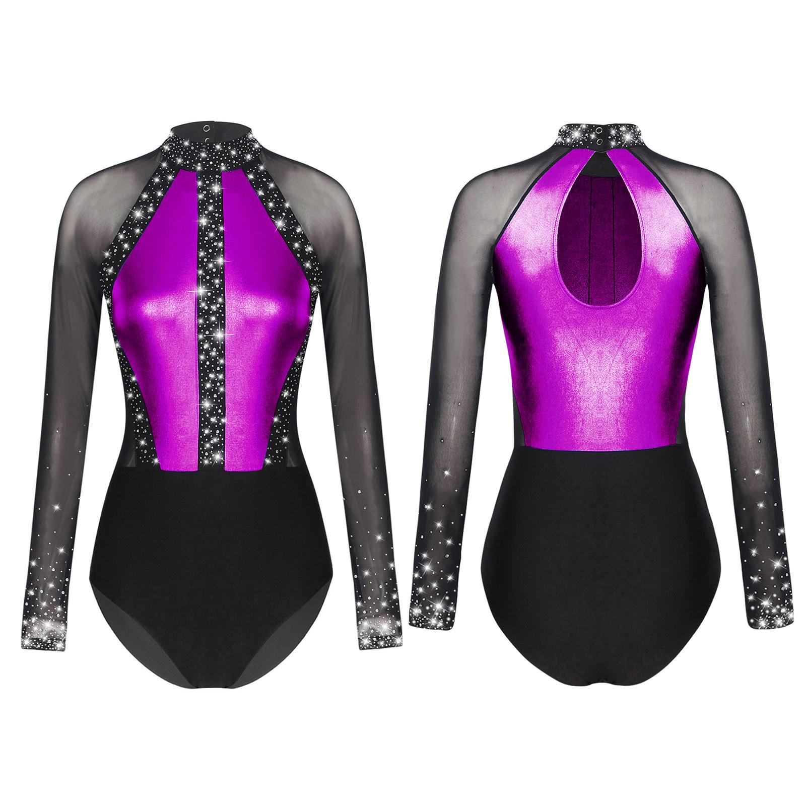 

Женский купальник со стразами для балета, гимнастики и танцев, боди с длинными рукавами, костюм для фигурного катания, танца S фиолетовый