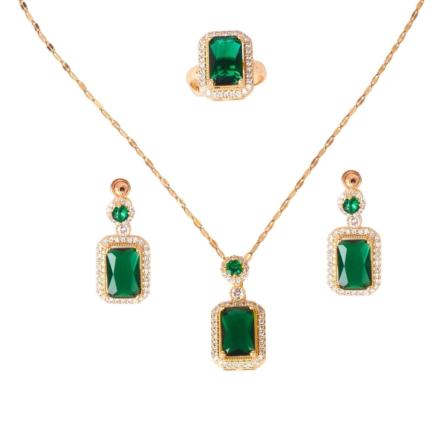 Не тускнеющий комплект украшений с зеленым изумрудом для женщин | Позолоченное колье и серьги в подарочной коробке | Последние стильные минималистичные наборы украшений Onesize