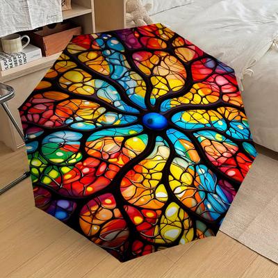 1PC Stained Glass ArtworkAutomatic Open/Close Umbrella with Windproof, 8-Rib Sturdy Canopy, Durable Ribs, Fashionable Design1272A