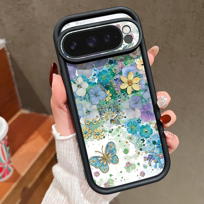 Oil Painting Flower Pattern Soft Phone Case For Google Pixel 9 Pro XL 8 Pro 8A Butterfly Print TPU Matte Shockproof Lens Protection Bumper Cover
