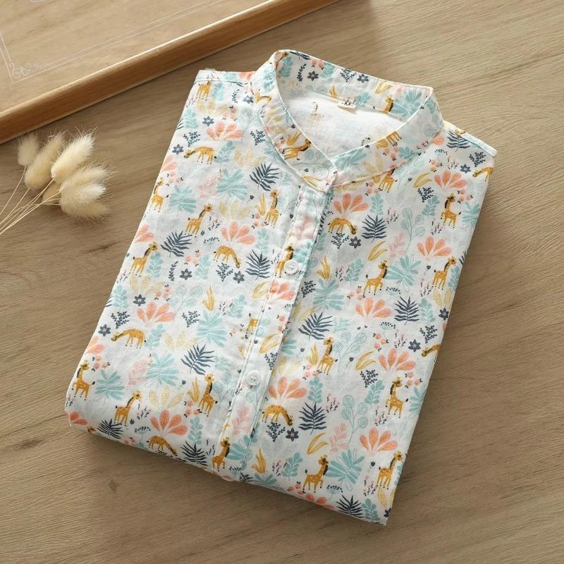 Løvetannmønstret bomullsgarn langermet skjorte for kvinner om høsten løs slankende skjorte topp bluser og skjorter