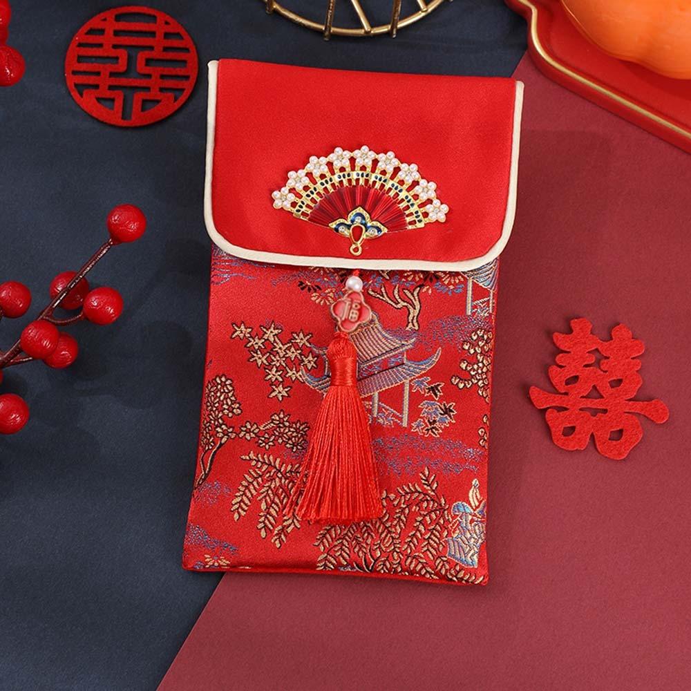 New Year Blessing Words 2025 Money Pocket Brocade Cloth Tassel New Year Money Bag Chinese Wedding