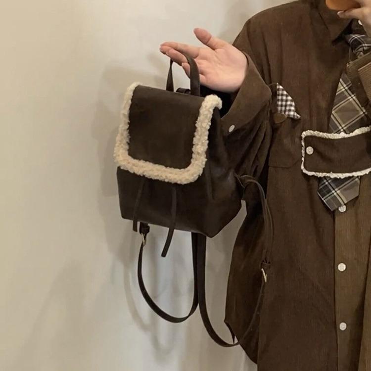 New Winter Retro Plush Backpack for Women Korean Ins Simple and Versatile Lamb Fur Splicing Bag for Women