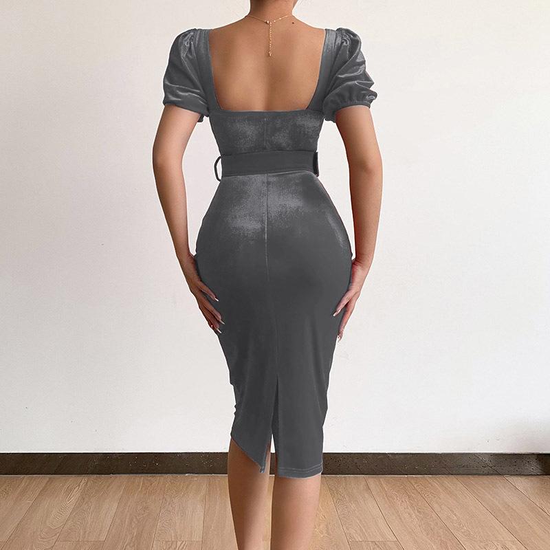 Women's Fashion Summer Spring Solid Color Print Short Sleeve V-Neck High Waist Casual Dresses