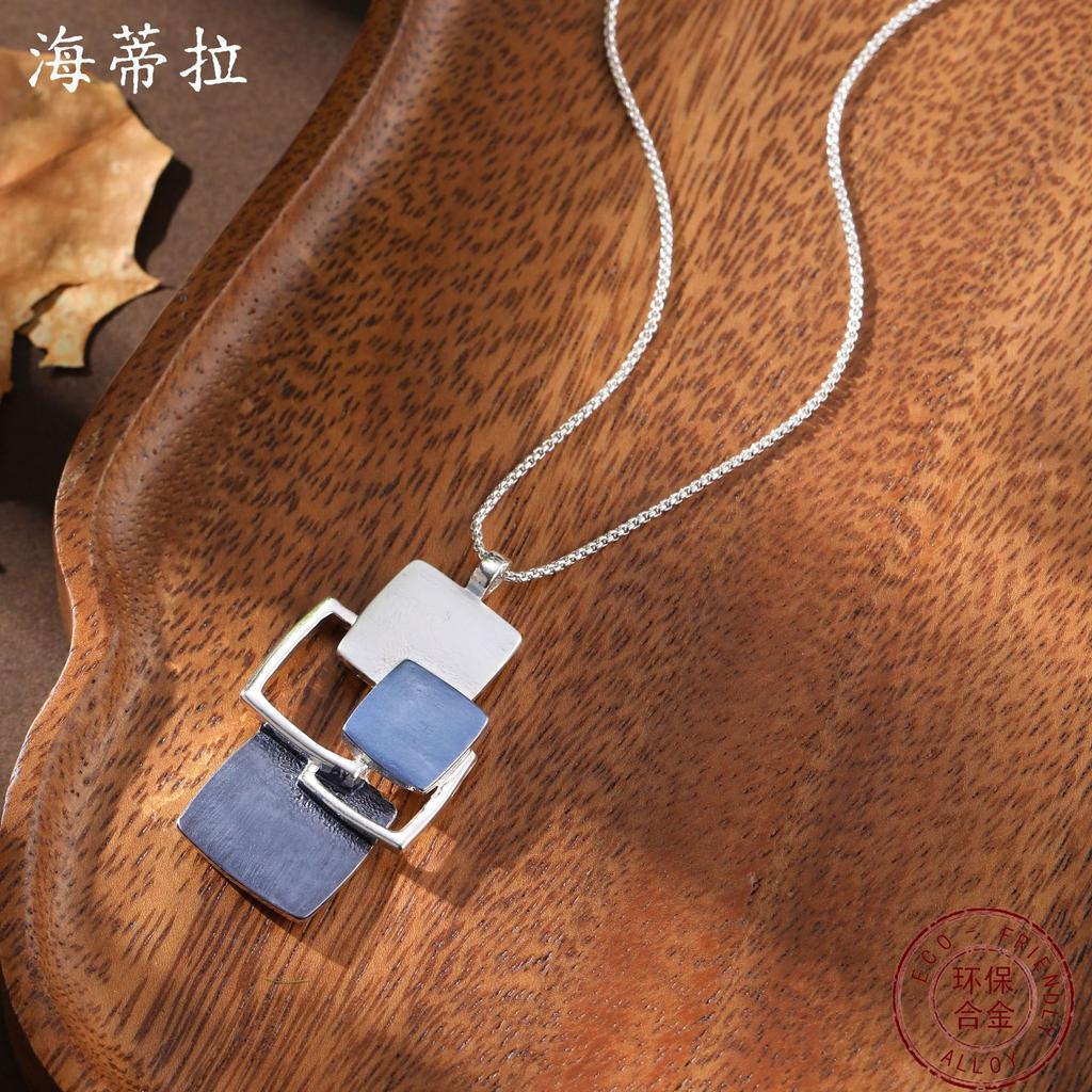 Enamel Color Irregular Square Blue Hollow Pendant, Women's Simple Geometric Square Pendant