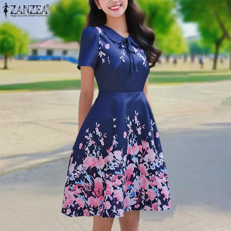 ZANZEA Women Summer Doll Collar Casual Short Sleeve Print Dress
