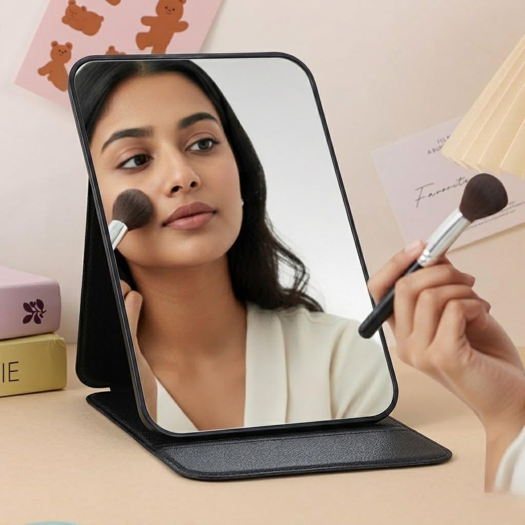 Agabani Foldable Makeup Mirror with Stand 16x11 cm | Portable PU Leather Vanity Mirror | HD Frameless Table Mirror | Adjustable Angle Travel Mirr